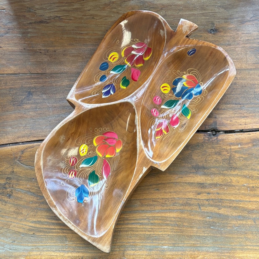 Vintage teak wood painted trinket tray